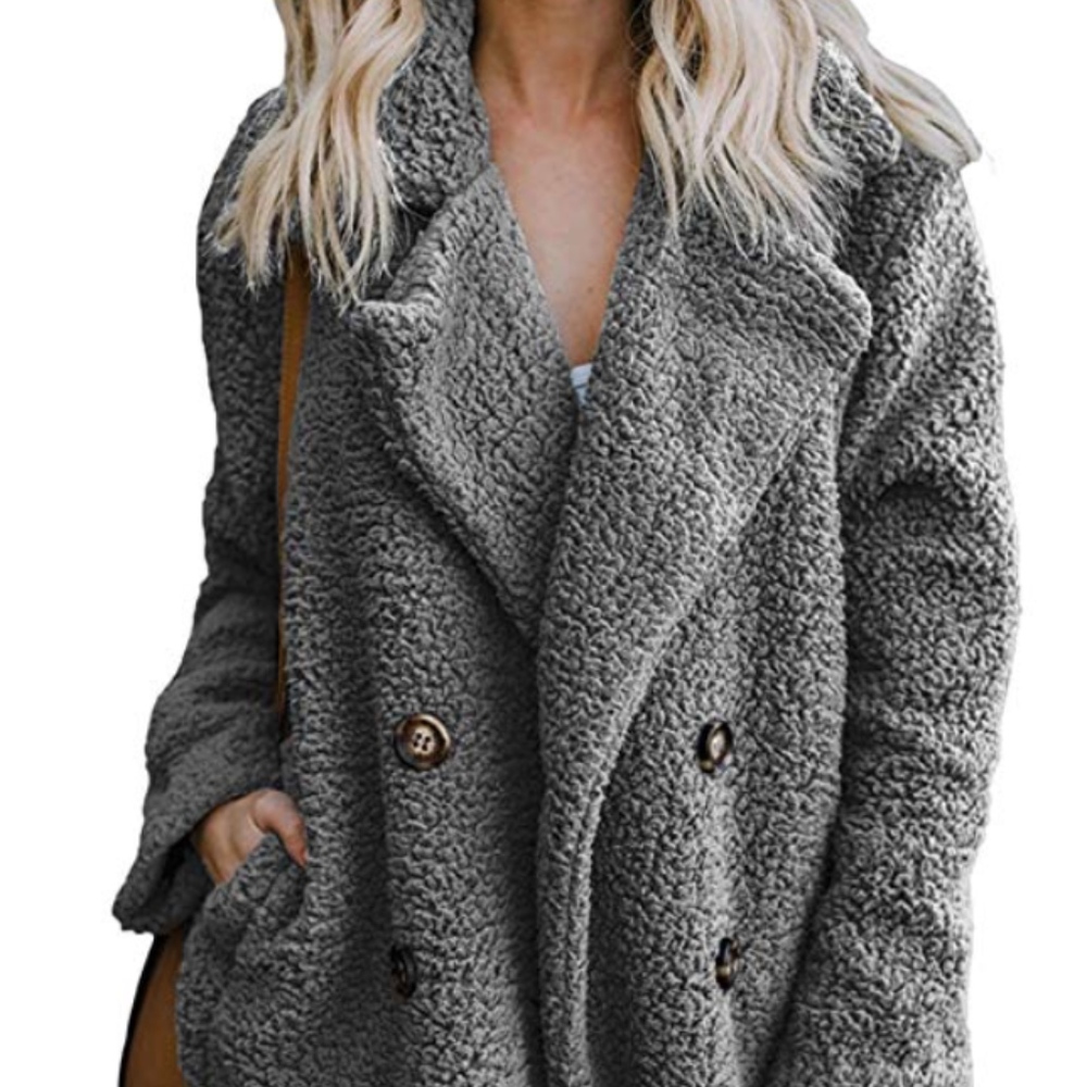 Womens Fleece Open Front Coat Pockets Outerwear